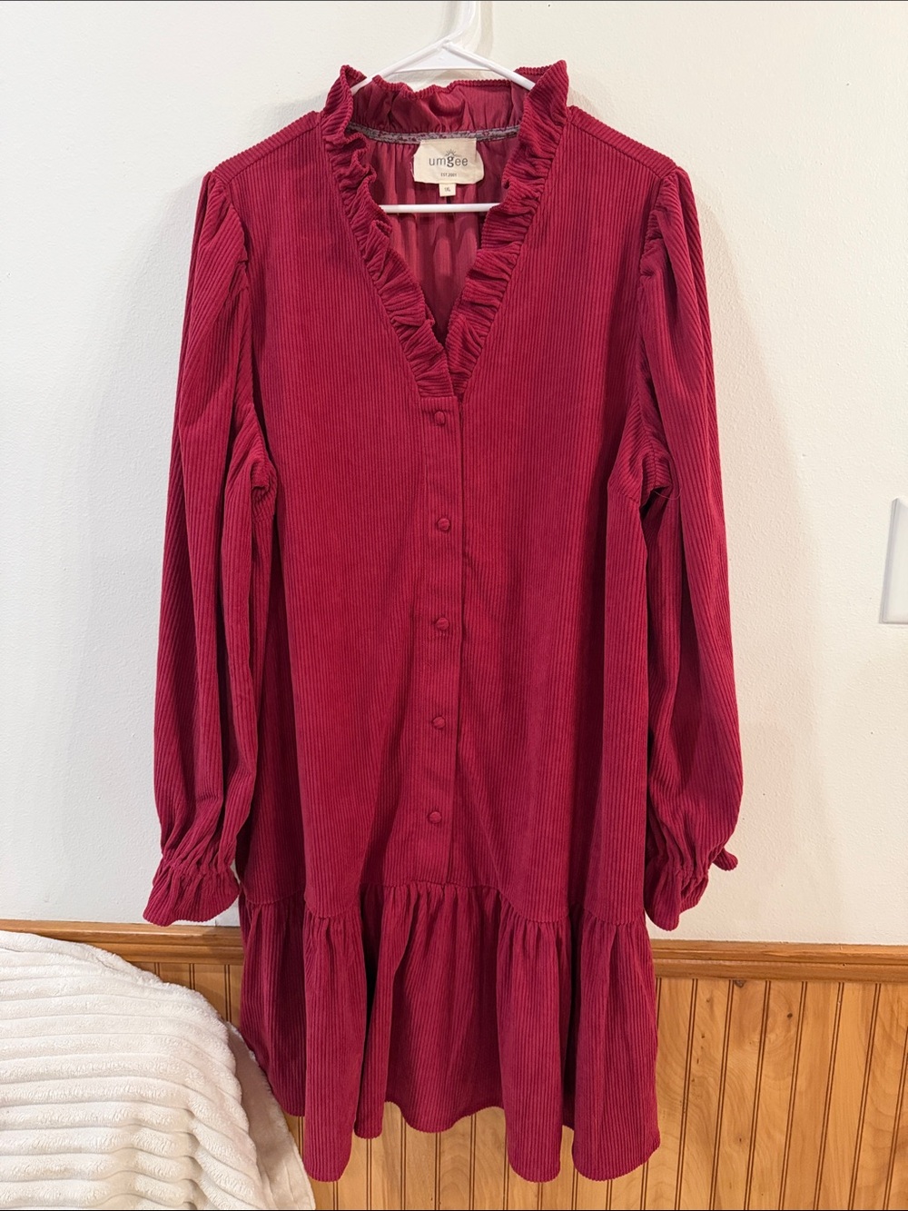 Umgee Long-Sleeve Ruffle V-Neck Corduroy Dress in Wine Red